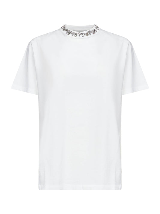 T-shirt in cotone bianco con cristalli cabochon