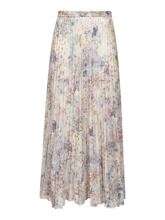 Sequin-embroiderd floral print fabric Journey long pleated skirt