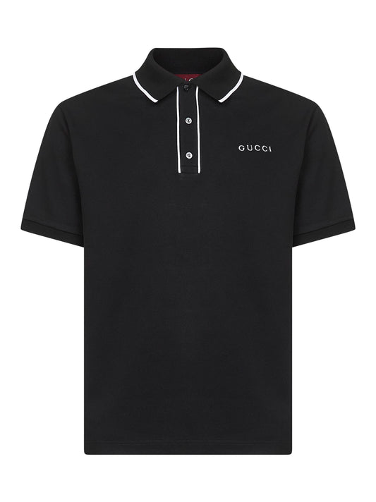 Black cotton piquet embroidered polo shirt