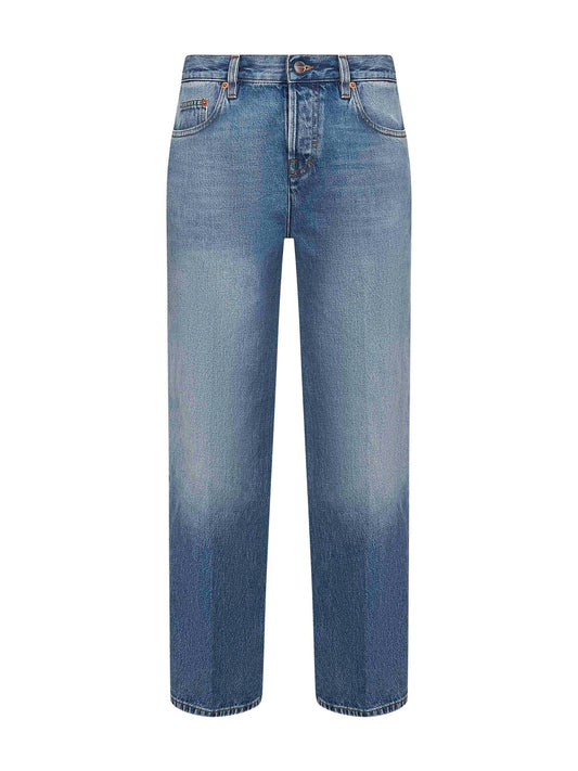 Jeans dritti in denim di cotone azzurro<BR/>