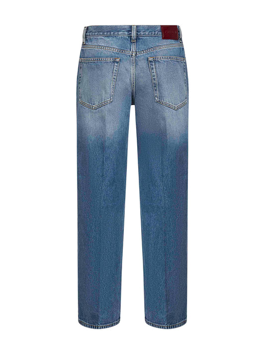 Jeans dritti in denim di cotone azzurro<BR/>