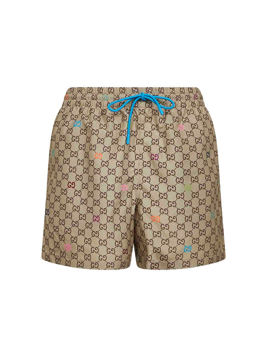 Beige printed technical poplin swim shorts