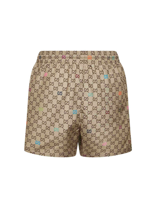 Beige printed technical poplin swim shorts