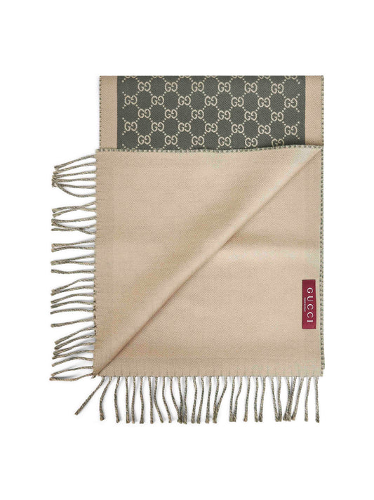 Green and beige GG wool scarf