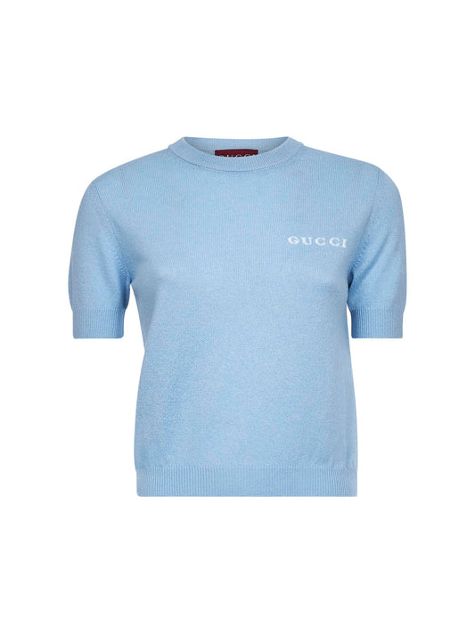 Top in lana azzurra con intarsio