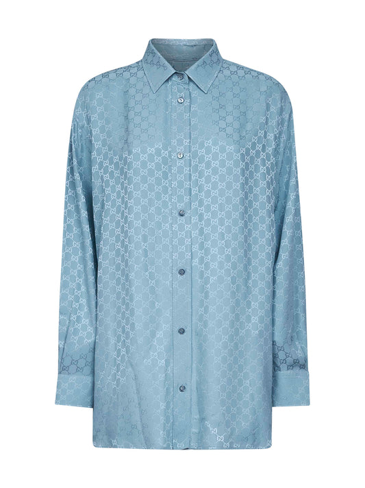 Light blue GG jacquard silk oversized shirt