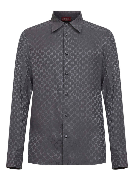 Camicia aderente in seta GG jacquard grigia