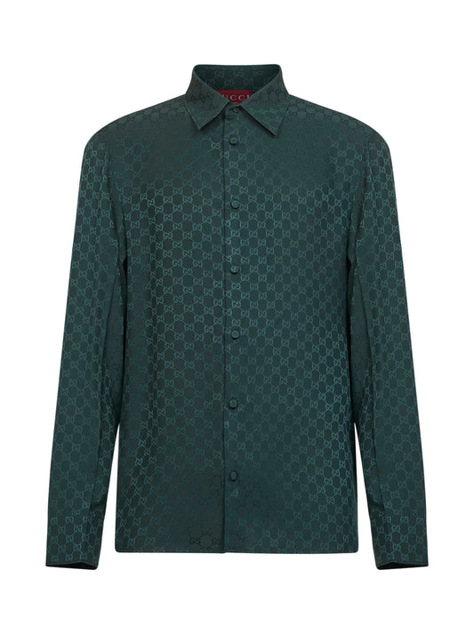 Camicia aderente in seta GG jacquard verde