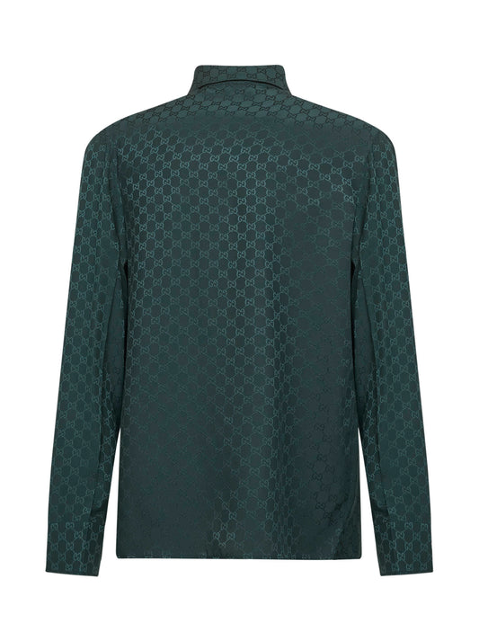 Camicia aderente in seta GG jacquard verde