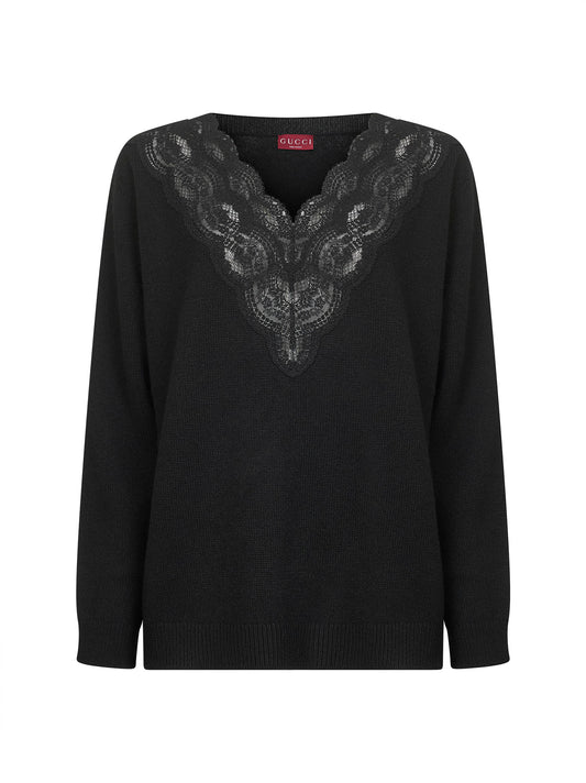 Maglione in lana e cashmere nero con pizzo