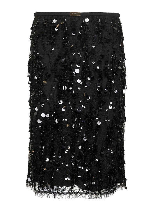 Black lace embroidered sequin midi skirt