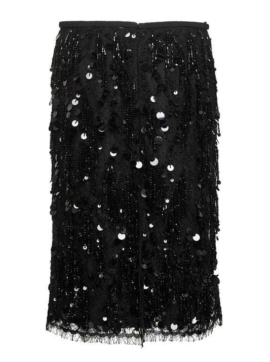 Black lace embroidered sequin midi skirt