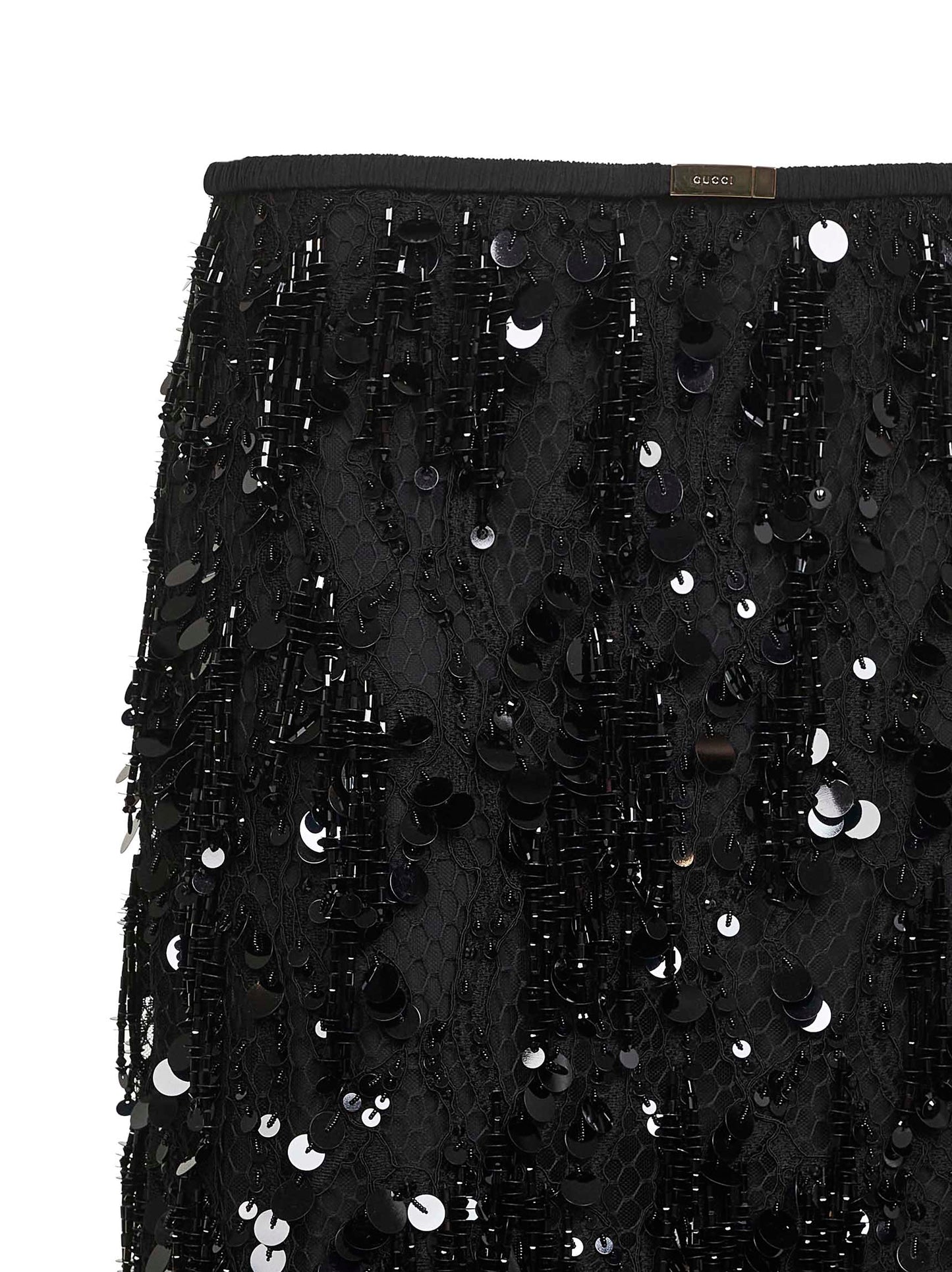 Gonna midi in pizzo nero con paillettes ricamate