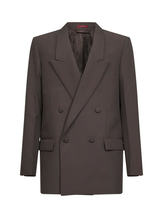 Brown technical panama double-breasted jacket