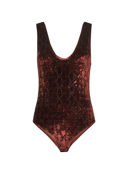 Brown stretch chenille GG embroidered bodysuit