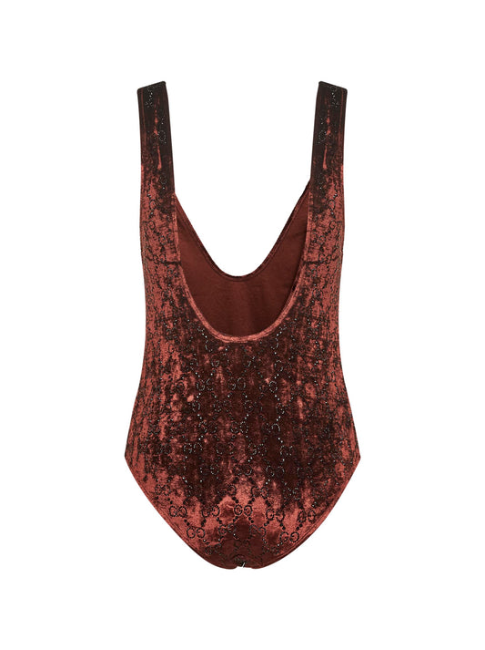 Brown stretch chenille GG embroidered bodysuit