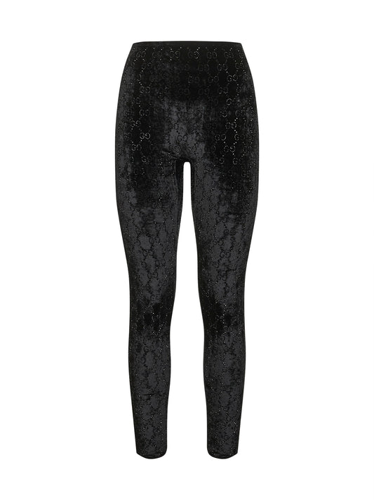 Leggings in ciniglia stretch nera con ricamo GG