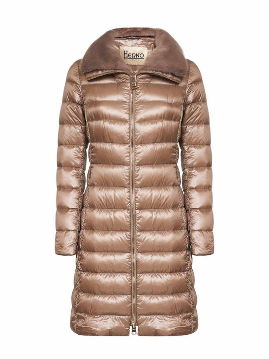 Beige Ultralight Nylon long down jacket