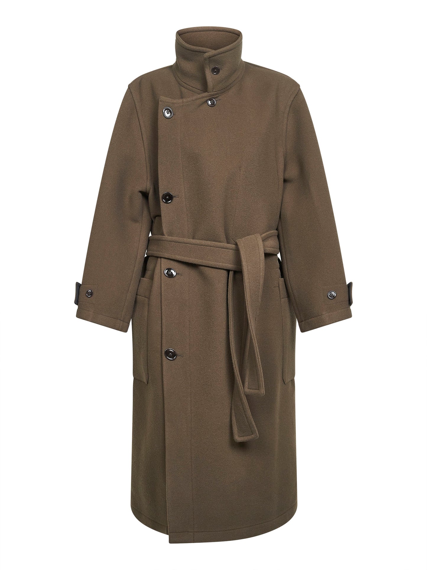 Cappotto a vestaglia in double di lana marrone