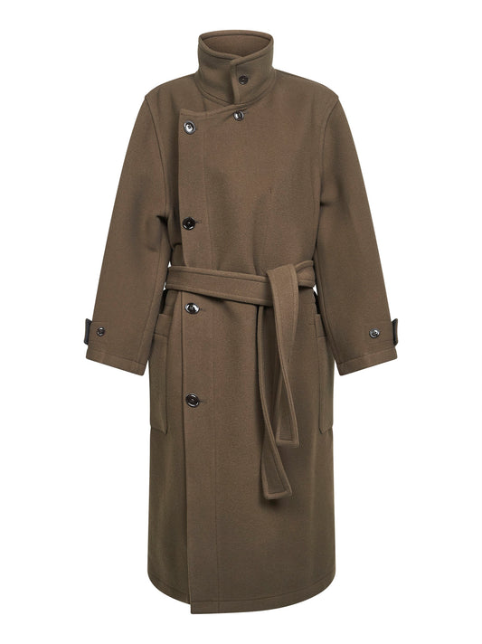 Cappotto a vestaglia in double di lana marrone