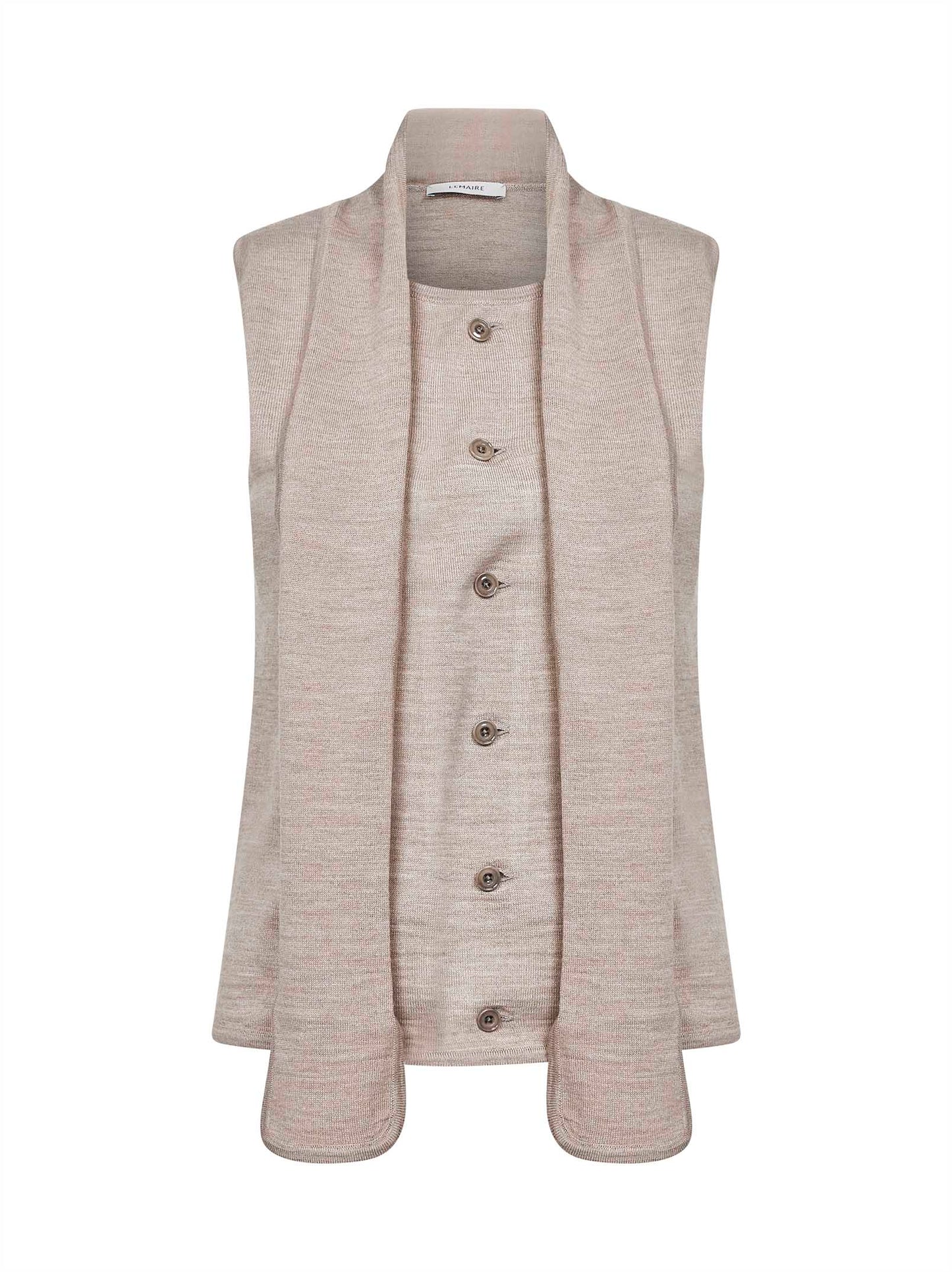 Cardigan smanicato asimmetrico in misto lana beige