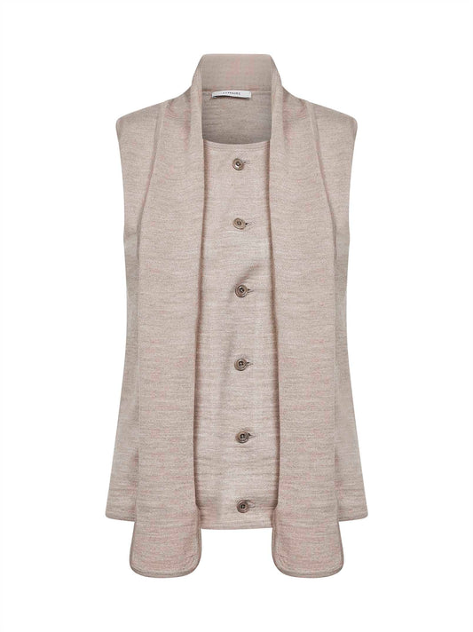Cardigan smanicato asimmetrico in misto lana beige