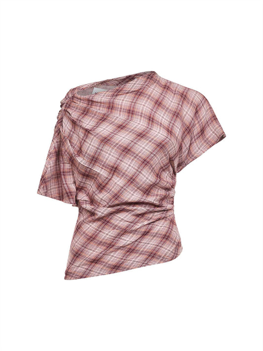 Top asimmetrico Neyela in cotone a quadri rosa