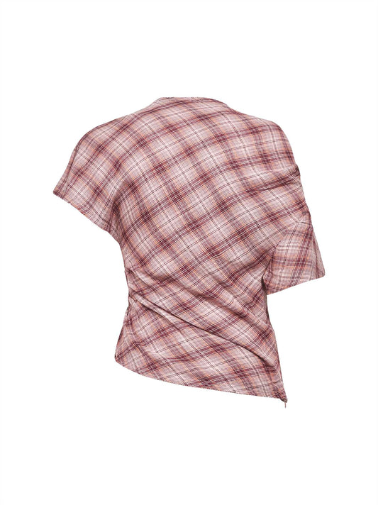 Top asimmetrico Neyela in cotone a quadri rosa