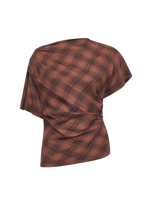 Top asimmetrico Neyela in cotone a quadri bronzo scuro