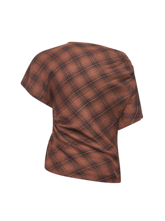 Top asimmetrico Neyela in cotone a quadri bronzo scuro