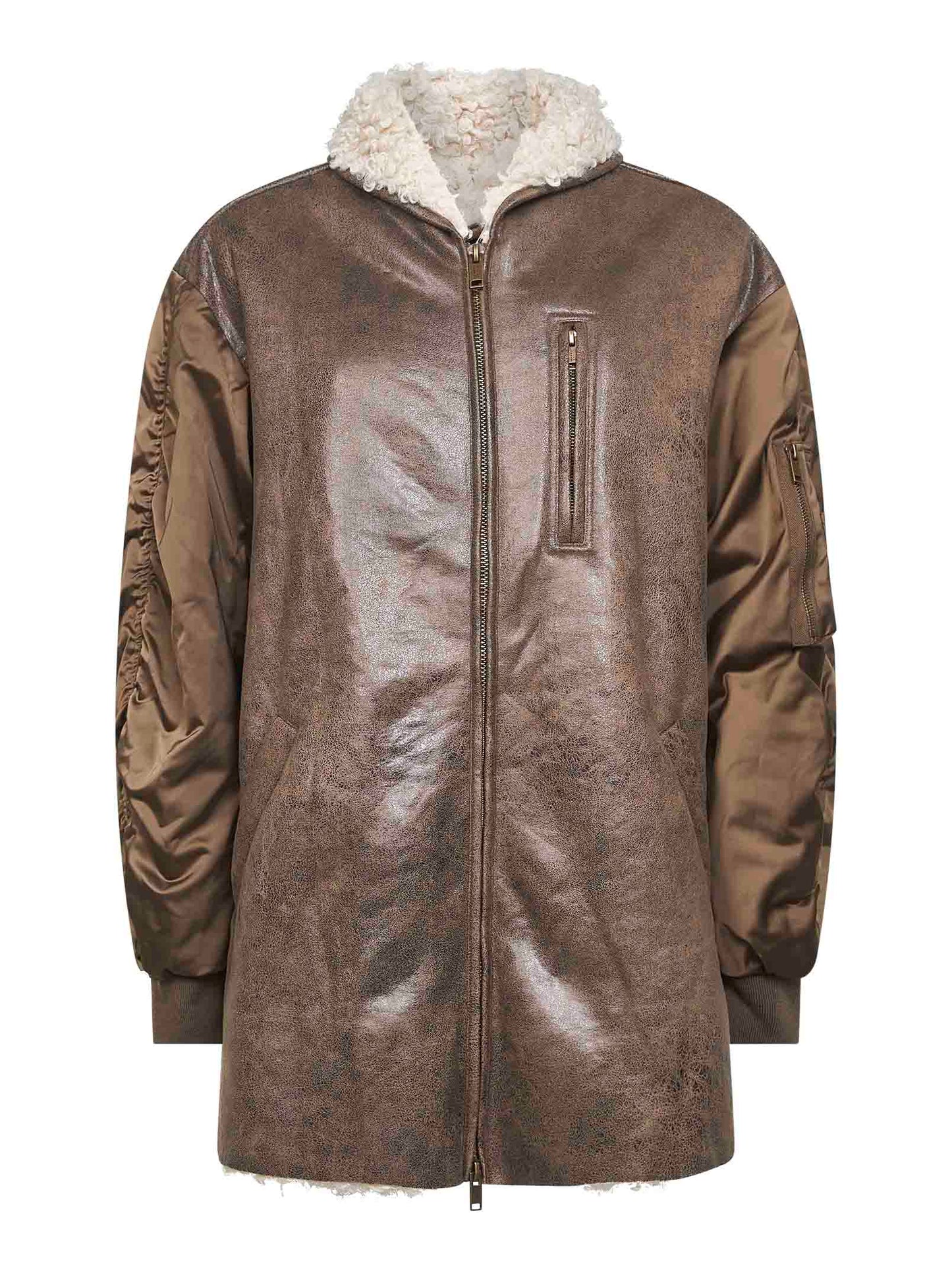 Cappotto Evina in ecopelle e nylon satinato marrone