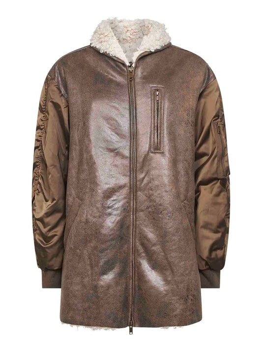 Cappotto Evina in ecopelle e nylon satinato marrone