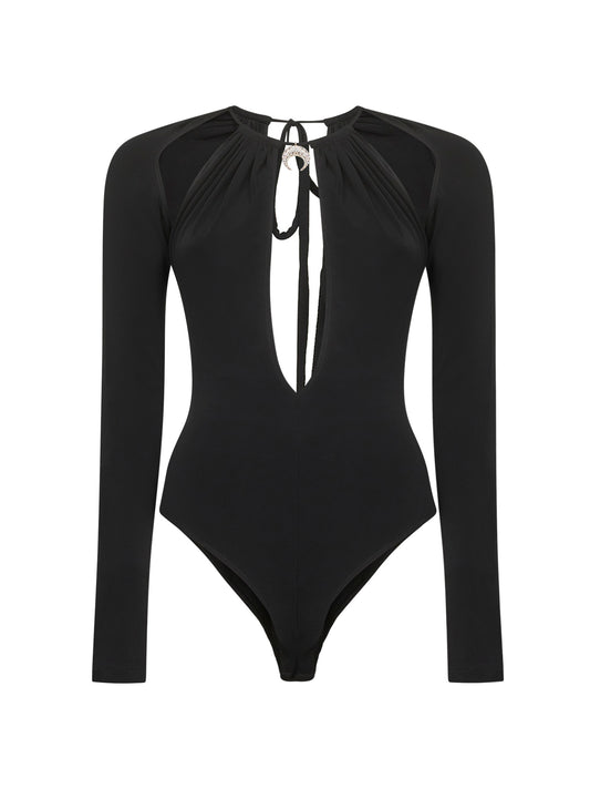 Body a maniche lunghe in jersey drappeggiato nero<BR/>