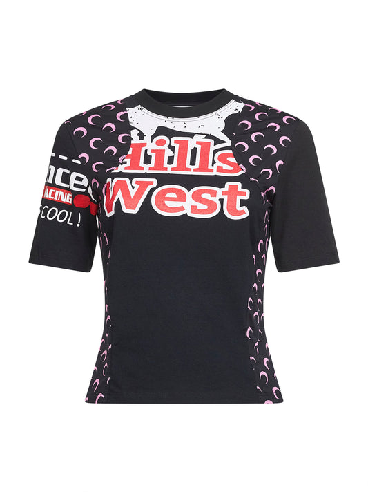 T-shirt baby-fit in jersey nero con grafica rigenerata