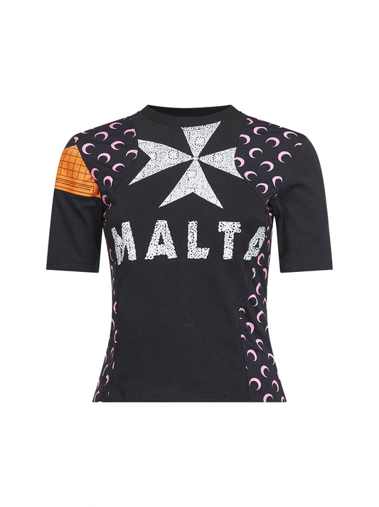 T-shirt baby-fit in jersey nero con grafica rigenerata