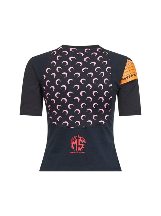 T-shirt baby-fit in jersey nero con grafica rigenerata
