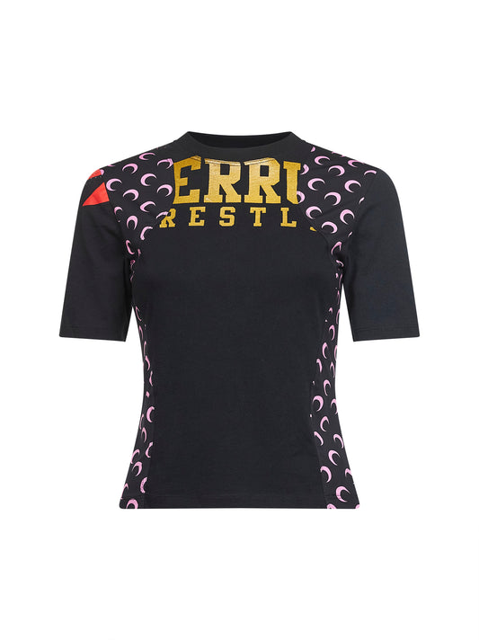 T-shirt baby-fit in jersey nero con grafica rigenerata