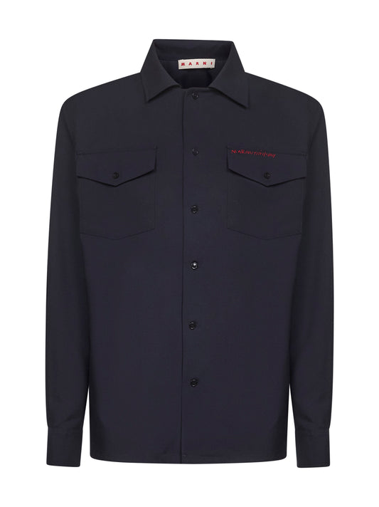 Blue tropical wool Marni Mending embroidered shirt