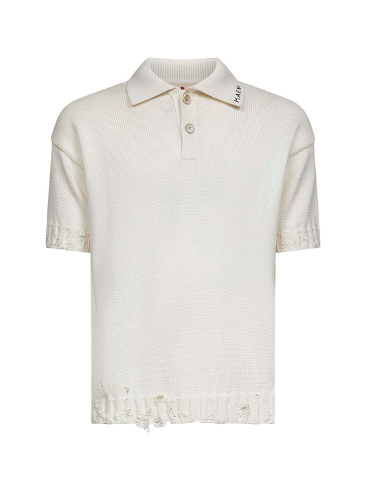 Ivory cotton knit polo shirt