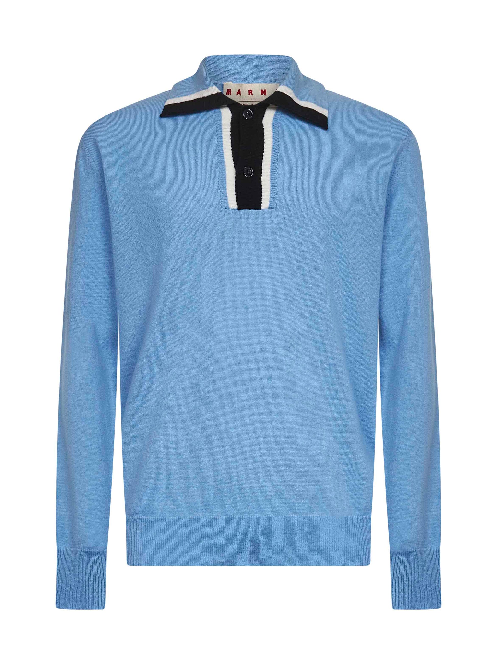 Light blue virgin wool knit polo shirt –