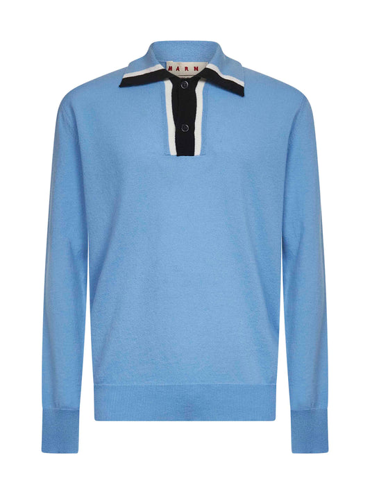 Light blue virgin wool knit polo shirt
