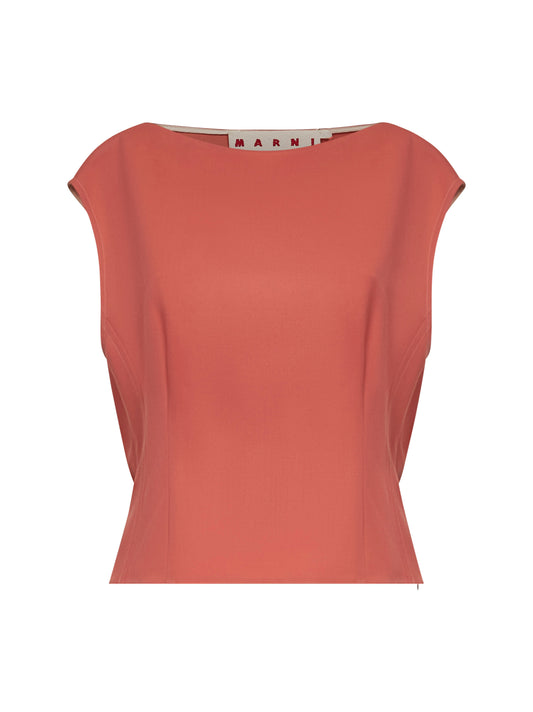 Top smanicato in fresco lana rosa