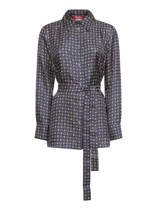 Blue printed twill BOCCALE belted shirt