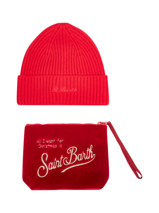 Christmas box rosso con berretto e pochette