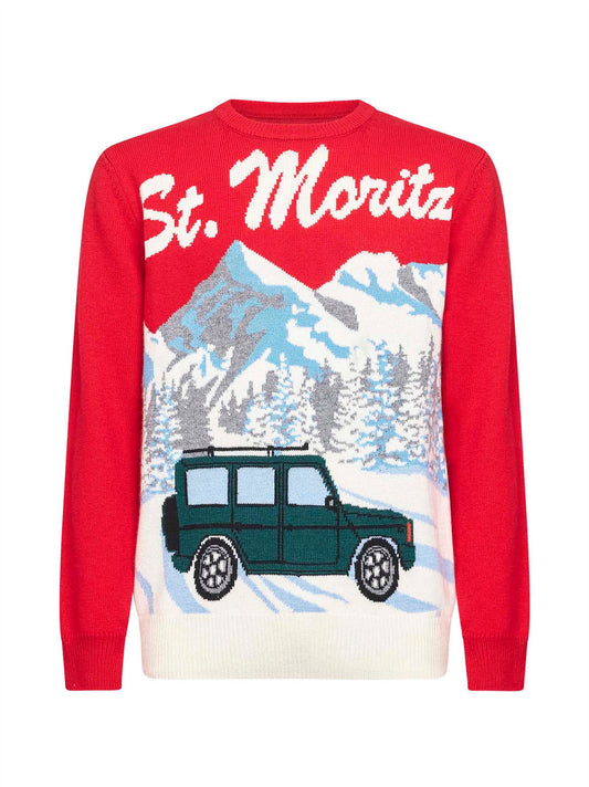 Red wool blend jacquard postcard Heron sweater