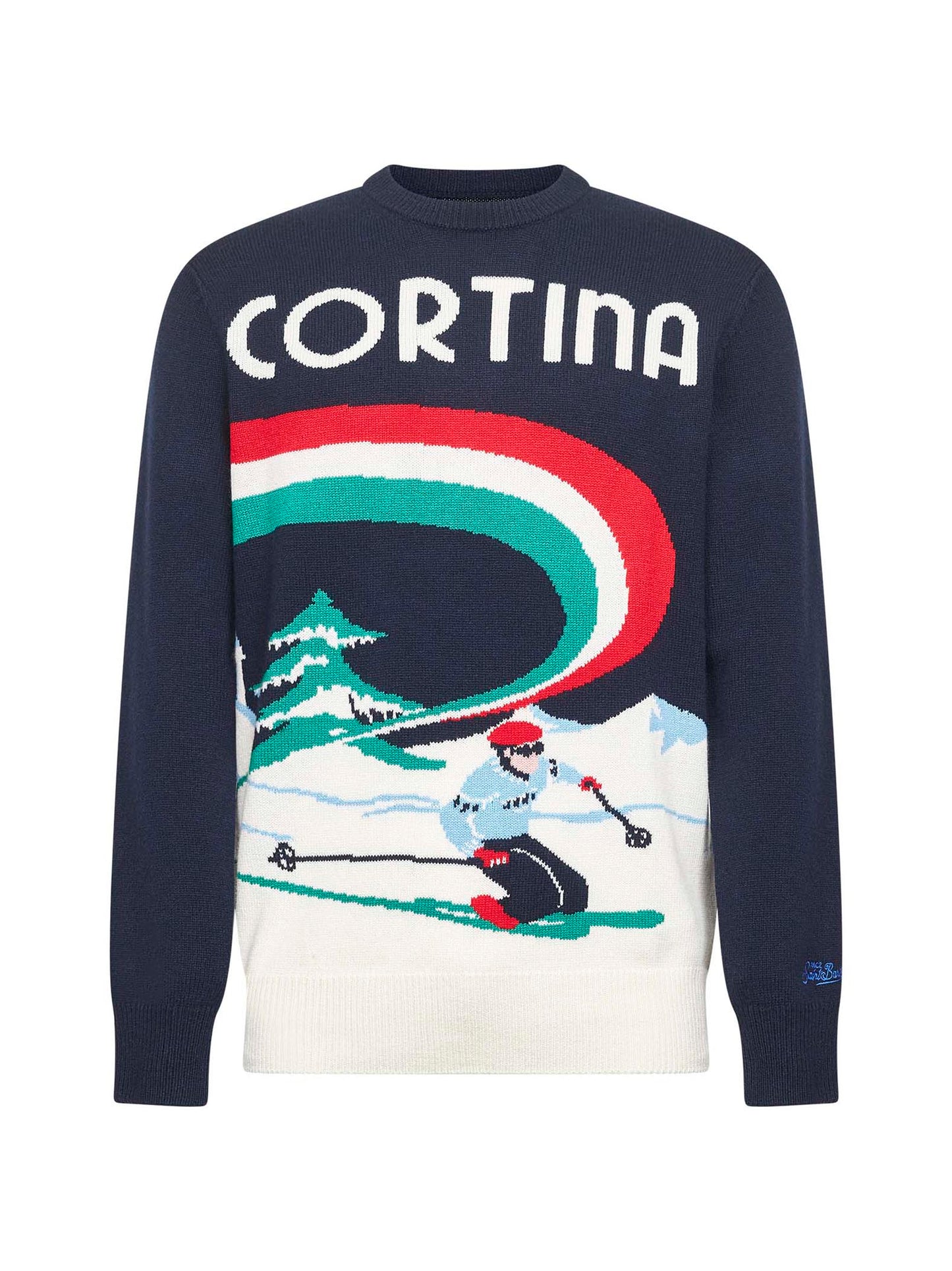 Blue wool blend jacquard postcard Heron sweater