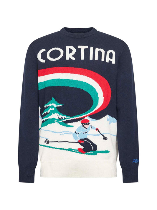 Blue wool blend jacquard postcard Heron sweater