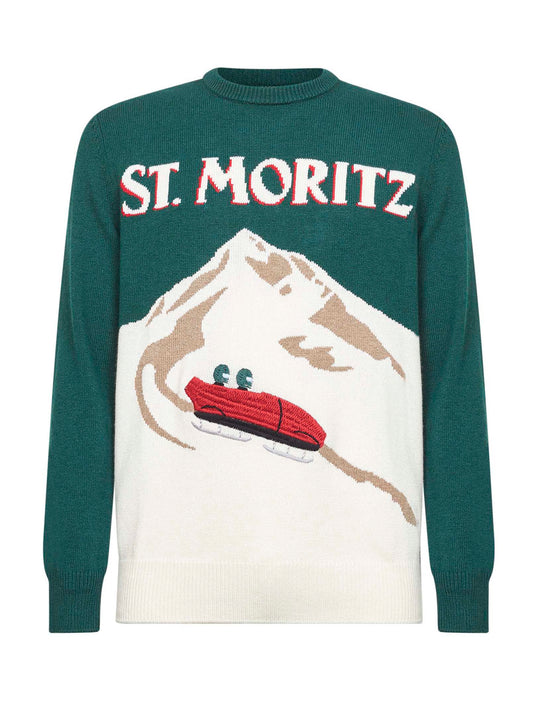 Green wool blend jacquard postcard Heron sweater<BR/>
