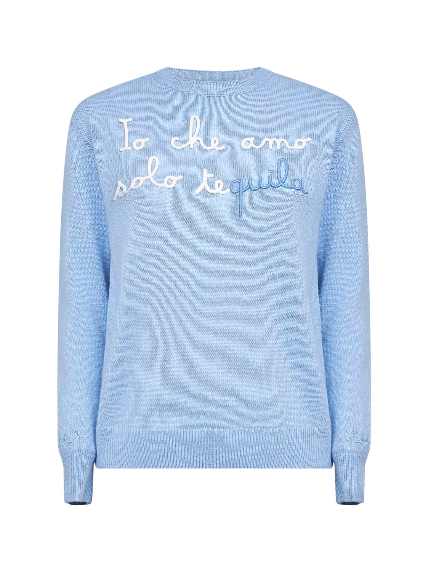 Maglione New Queen in misto lana ricamata azzurra