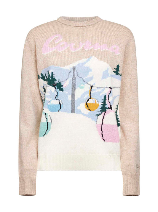 Maglione New Queen beige con cartolina jacquard